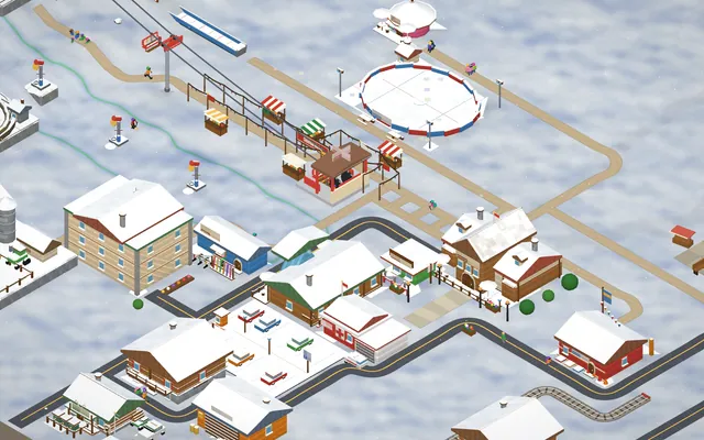 The village road decked out for the Christmas Market: bunting, a banner and striped market stalls beside the lift station.
