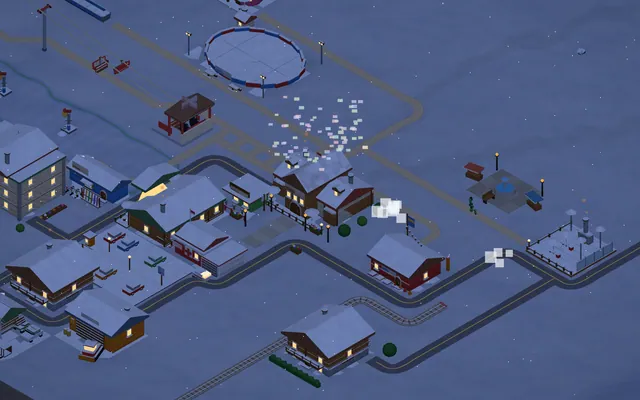 The village at night with warm lit windows and lamp posts.