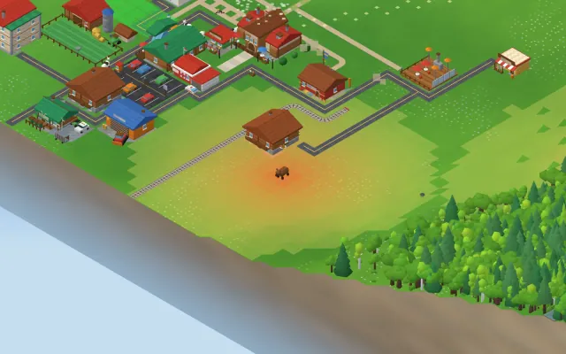 A brown bear on a meadow path with an orange threat overlay glowing around it, close to the village.