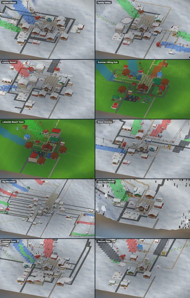 A contact sheet of ten different generated resort towns.