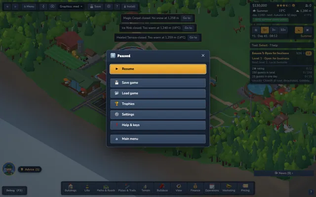 The pause menu with Resume, Save, Load, Settings, Help.