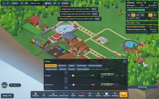 The Pricing drawer with day pass and food price sliders.