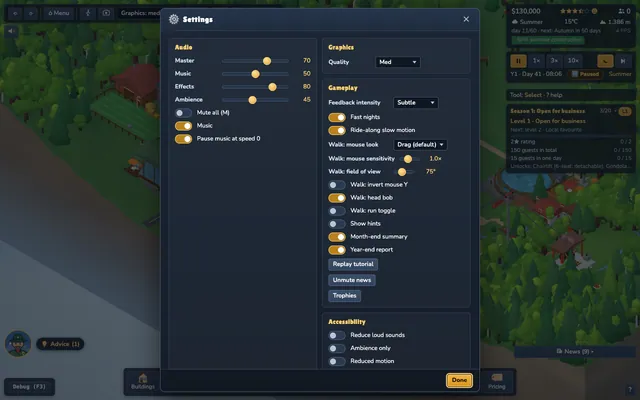The settings dialog with sound, feedback intensity, text size and reduced motion.